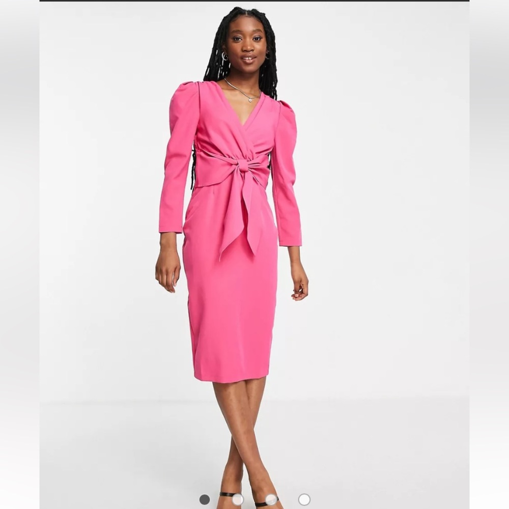 ASOS Little Mistress puff shoulder tie front detail midi dress